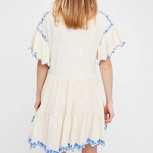 FREE PEOPLE Santiago Cream Dress with Blue Embroidery Sz Medium - Picture 5 of 13
